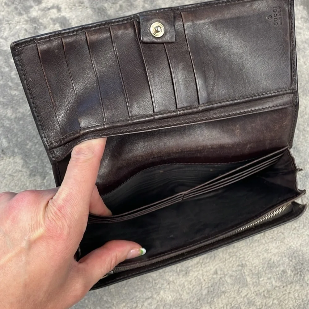 Gucci Leather Embossed GG Long Snap Wallet Dark Brown Interlocking GG